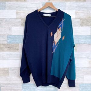 Lyle & Scott Lambswool Argyle Sweater Blue Green V Neck VTG Scotland Mens Large